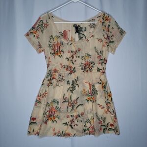 Lucky Brand Vtg Top Women‎ Medium Gauze Babydoll Tropical Empire Waist Sheer Y2K